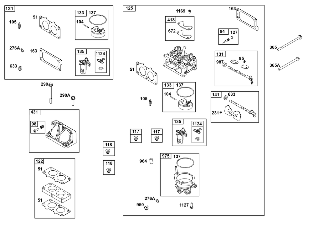 Carburetor Group Diagram and Parts List for 386447-0448-F1 200000 - 399999 Briggs and Stratton Engine